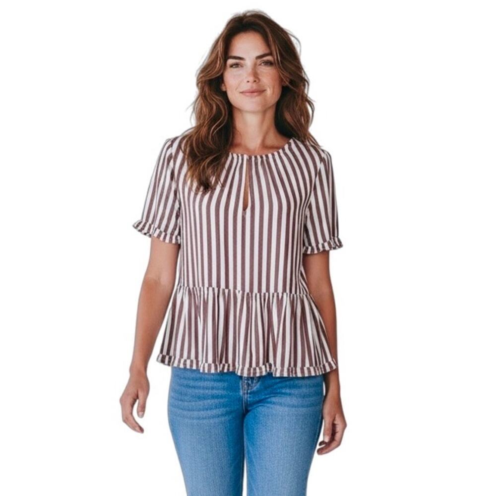Madewell Women's Stanza Ruffle-Hem Top S Maroon White Striped Short Sleeve K5584